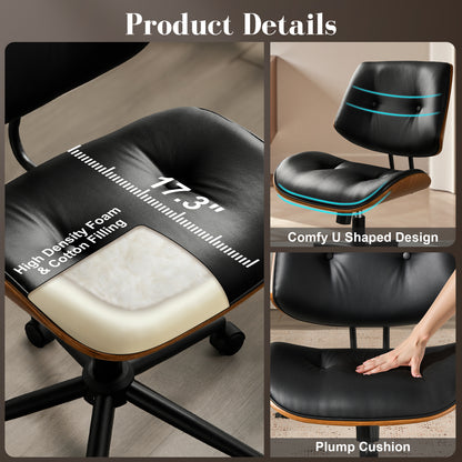 Toject Office Chair, Task Chair with Wooden Back, Mid-Century Modern Computer Chair, Armless Desk Chair for Home Office, Black