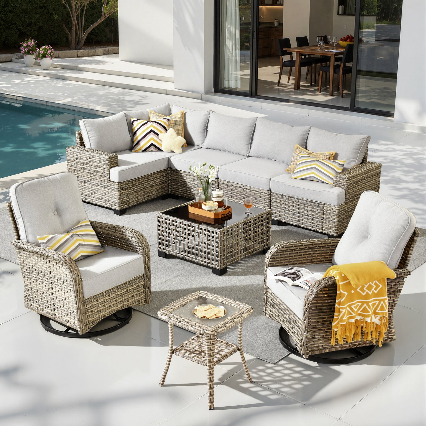 Toject 6 Pieces Patio Furniture Set, All Weather Wicker Patio Conversation Set with Swivel Chairs, Outdoor Furniture for Garden