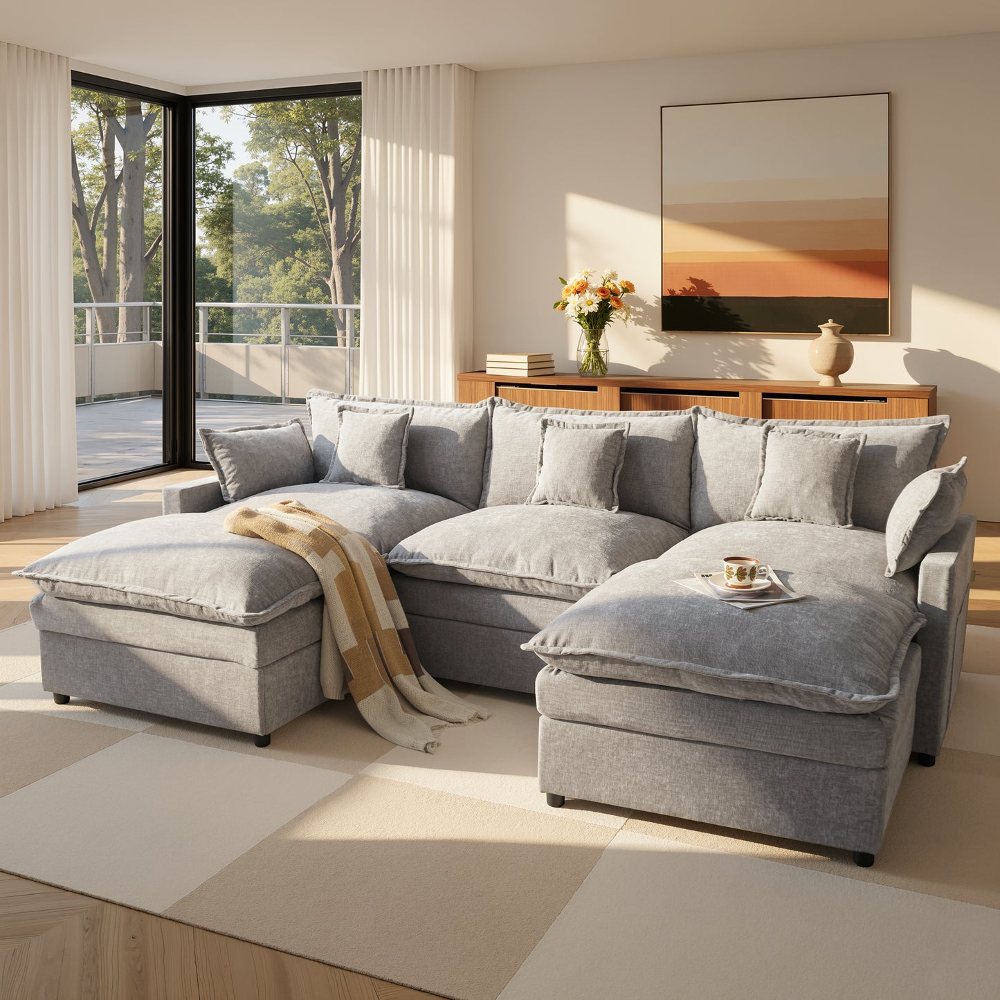 Toject 107.87" Modular Sectional Sofa U Shaped Cloud Couch, Chenille 4 Seat Deep Seat Sofa with 2 Movable Ottomans for Living Room Bedroom Apartment