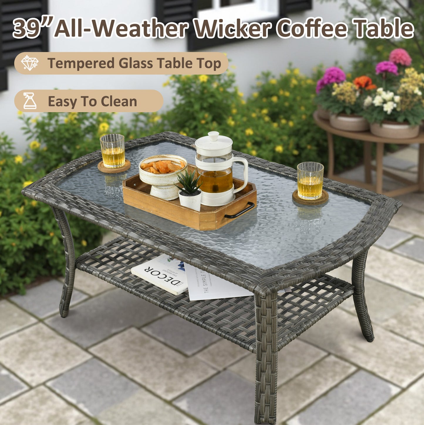 Toject 4 Pieces Patio Furniture Set, All-Weather Wicker Outdoor Furniture Loveseat Table Chairs Set for Porch, High Back Conversation Set for Backyard, Balcony, Denim Blue
