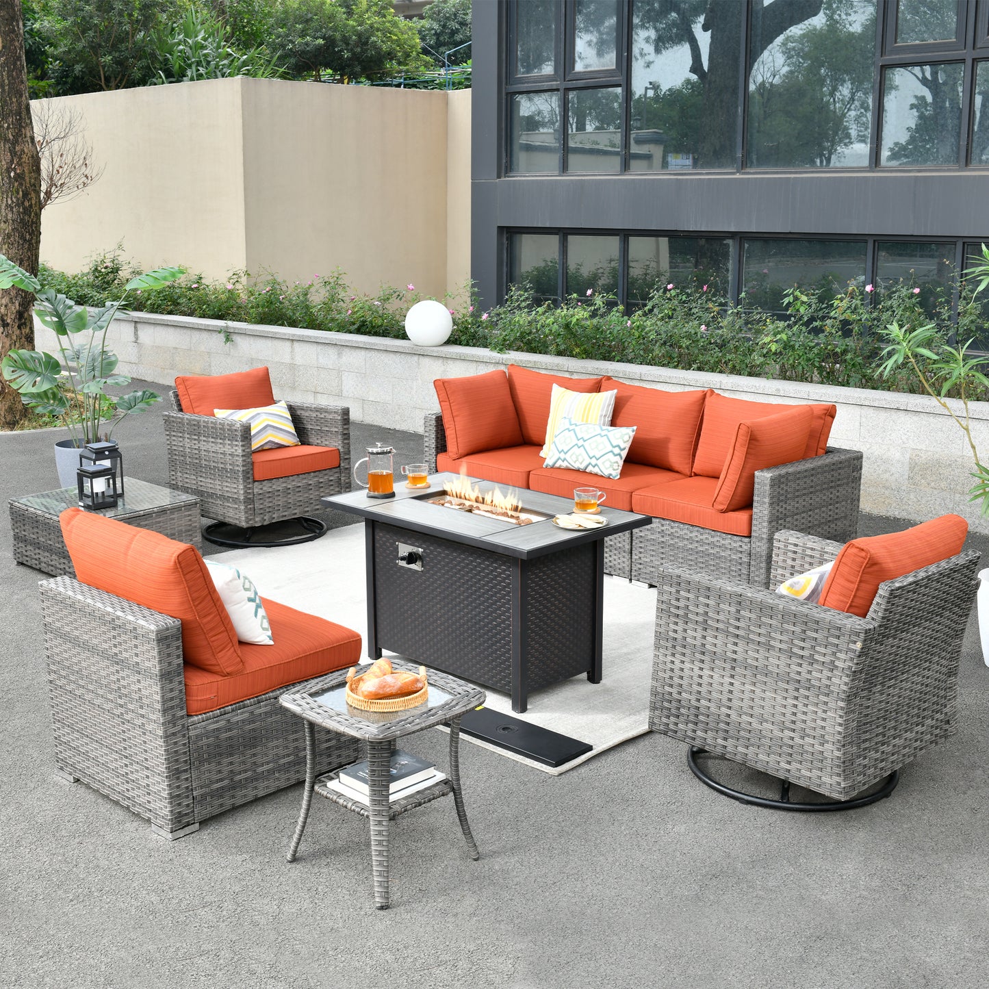 Toject 11 Pcs Paito Furniture Set, Outdoor Furniture Set with Swivel Chairs and Fire Pit