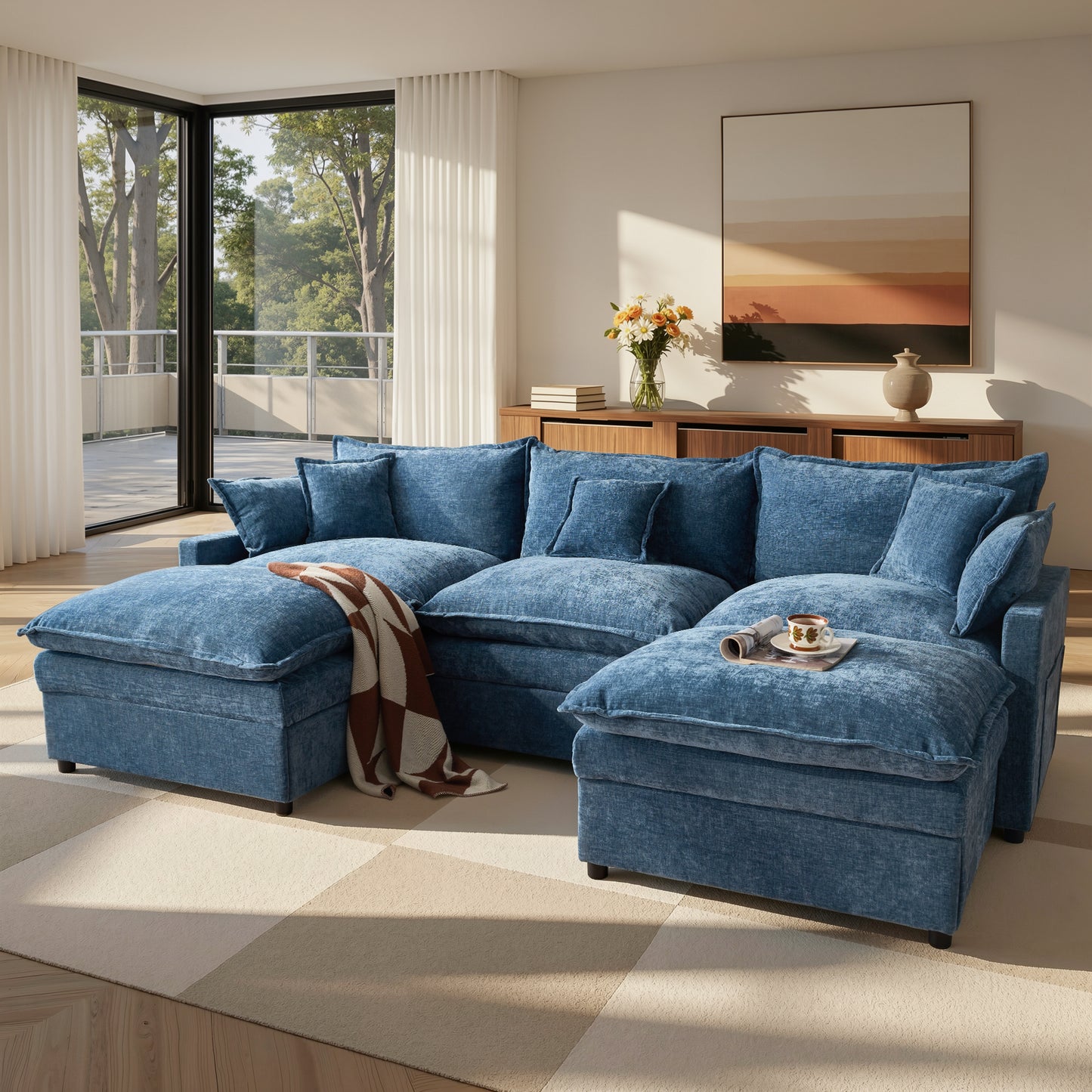Toject 107.87" Modular Sectional Sofa U Shaped Cloud Couch, Chenille 4 Seat Deep Seat Sofa with 2 Movable Ottomans for Living Room Bedroom Apartment