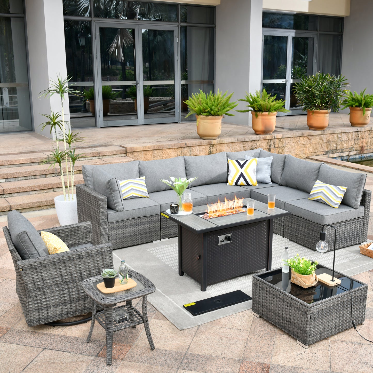 Toject 11 Pcs Paito Furniture Set, Outdoor Furniture Set with Swivel Chairs and Fire Pit
