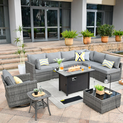 Toject 11 Pcs Paito Furniture Set, Outdoor Furniture Set with Swivel Chairs and Fire Pit