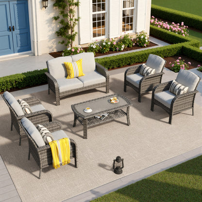 Toject 6 Pieces Patio Furniture Set, Wicker Outside Furniture with Loveseat Table Chairs Set for Porch, All-Weather High Back Outdoor Conversation Set for Backyard, Dark Gray