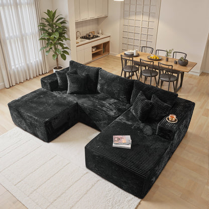 Toject 135" Modular Sectional Sofa, Cloud Modern Sleeper Couch with Chaise Lounge, No Assembly Required, U-shaped Plush Corduroy Sofa Couch for Living Room