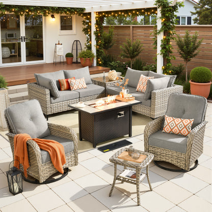 Toject 11 Pieces Patio Furniture Set All Weather Wicker Outdoor Conversation Set with 54" Fire Pit Outside Furniture Patio Sofa with Swivel Chairs & Solar Table