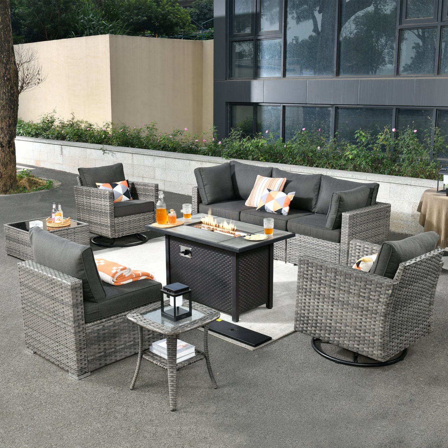 Toject 11 Pcs Paito Furniture Set, Outdoor Furniture Set with Swivel Chairs and Fire Pit