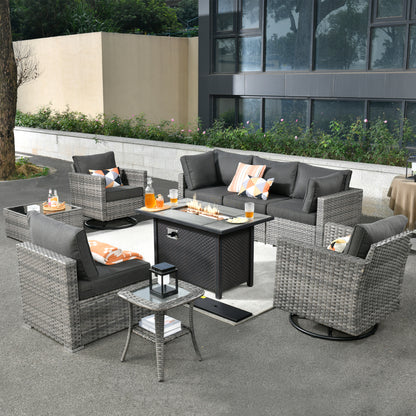 Toject 11 Pcs Paito Furniture Set, Outdoor Furniture Set with Swivel Chairs and Fire Pit