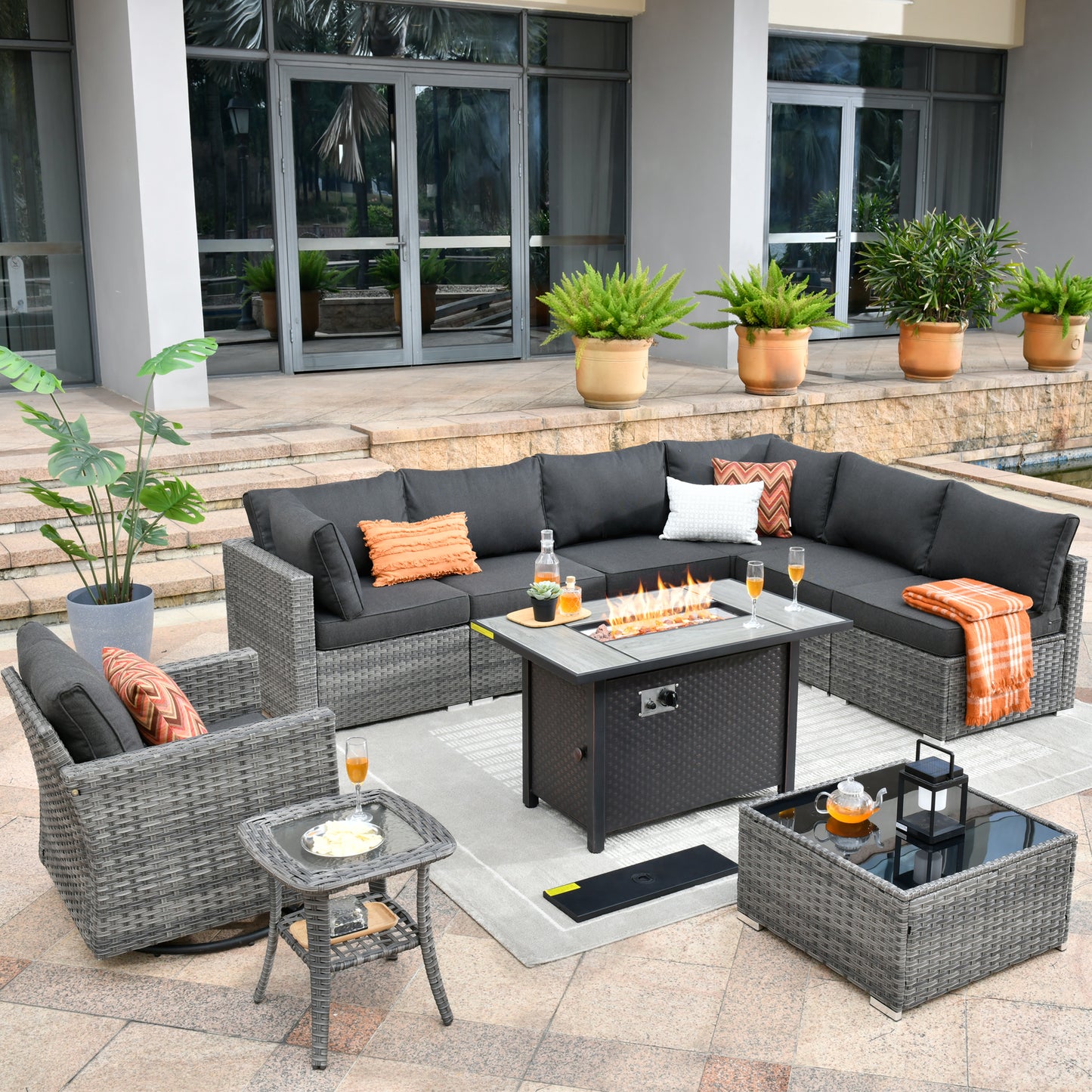 Toject 11 Pcs Paito Furniture Set, Outdoor Furniture Set with Swivel Chairs and Fire Pit