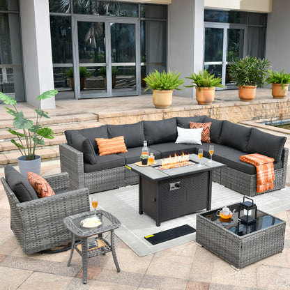 Toject 11 Pcs Paito Furniture Set, Outdoor Furniture Set with Swivel Chairs and Fire Pit