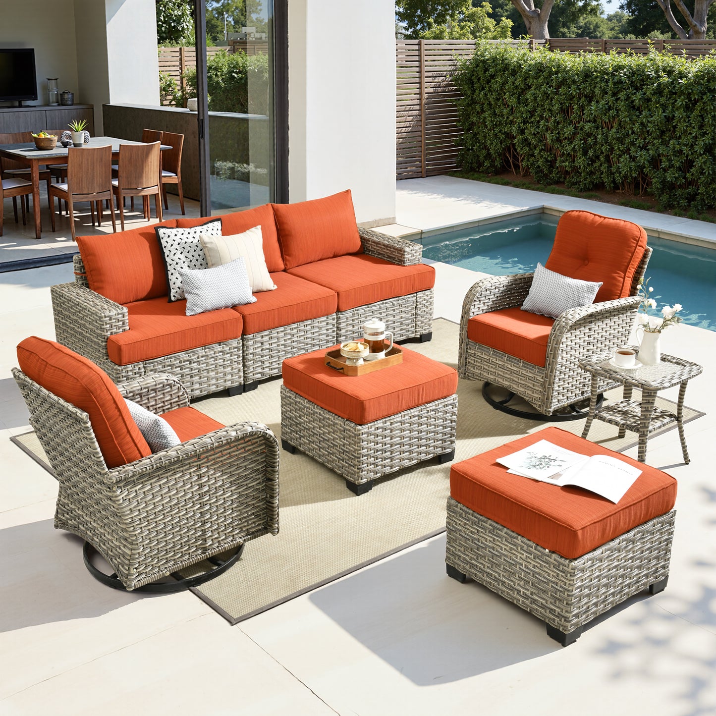 Toject 6 Pieces Patio Furniture Set, All Weather Wicker Patio Conversation Set with Swivel Chairs, Outdoor Furniture for Garden