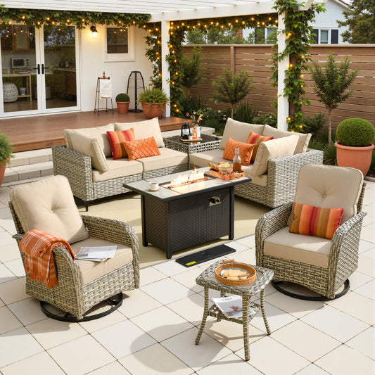Toject 11 Pieces Patio Furniture Set All Weather Wicker Outdoor Conversation Set with 54" Fire Pit Outside Furniture Patio Sofa with Swivel Chairs & Solar Table