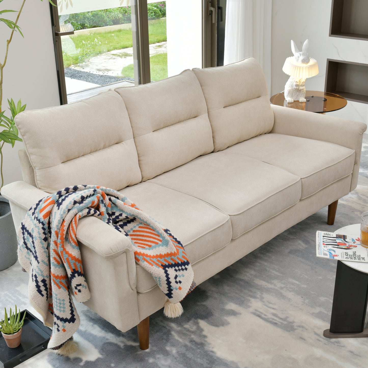 Toject 72" Three-Seat Sofa, Nordic Style Living Room Sofa, Pit Stripe Fabric, Cat-Scratch-Proof And Easy To Install Sofa For Different House Types