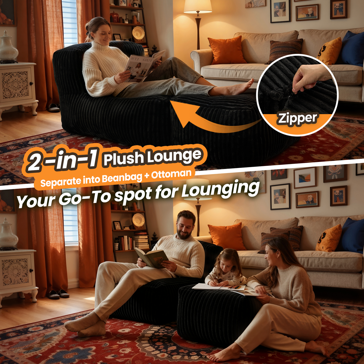 Toject Big Bean Bag Lounger Chair for Adults, Large Polyester Fabric Bean Bag Sofa with Back Support, Memory Foam Filled Beanbag Floor Chair for Living Room, Bedroom, Dorm, Brown