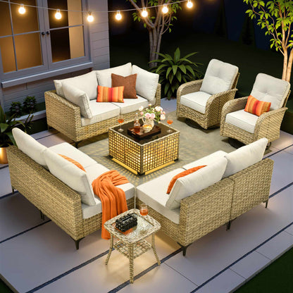 Toject 11 Pieces Patio Furniture Set All Weather Wicker Outdoor Conversation Set with 54" Fire Pit Outside Furniture Patio Sofa with Swivel Chairs & Solar Table