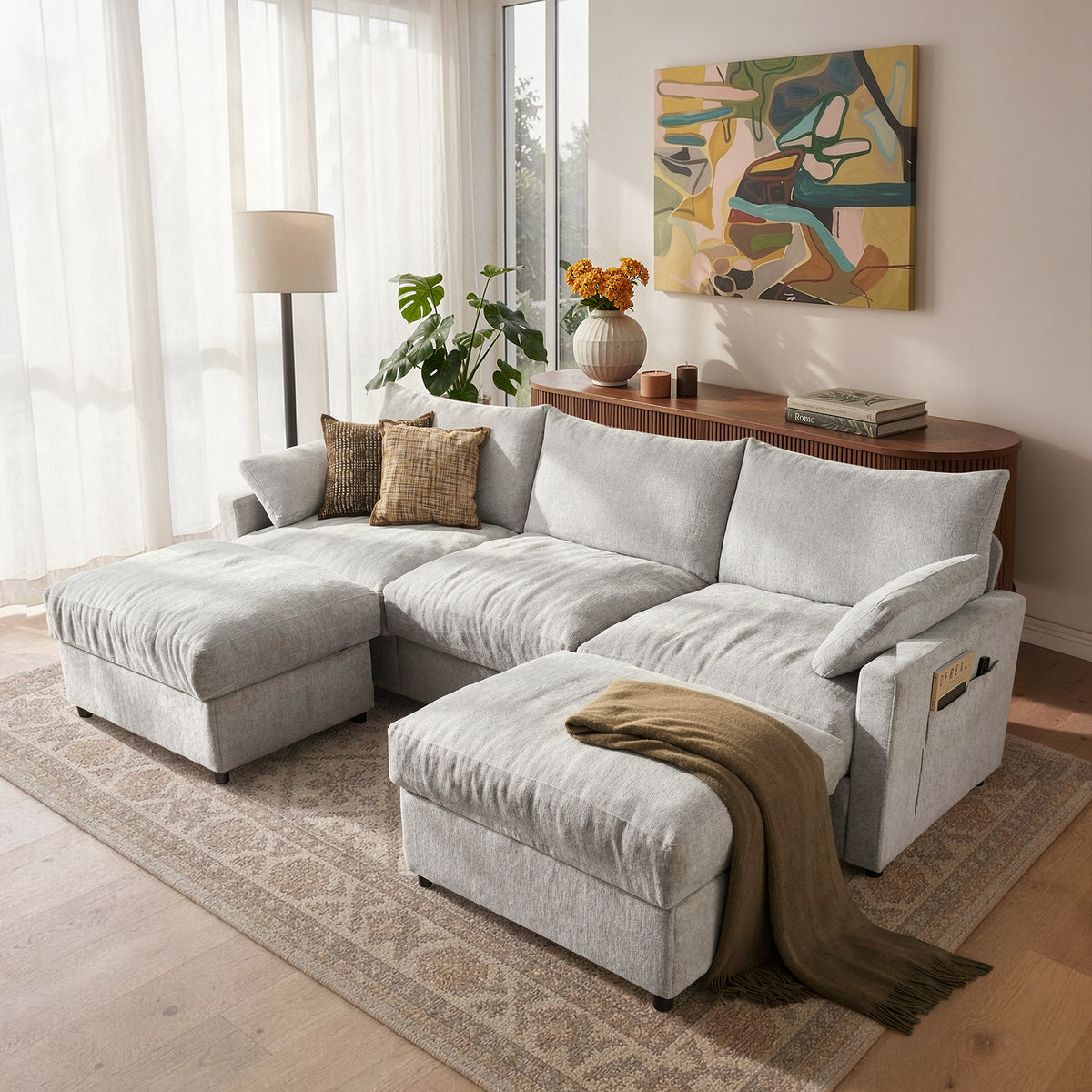 Toject 110.6" Modern U-Shape Sectional Sofa, Yarn-Dyed Chenille 4 Seat Deep Seat Sofa with 2 Movable Ottomans for Living Room Bedroom Apartment, Off-white