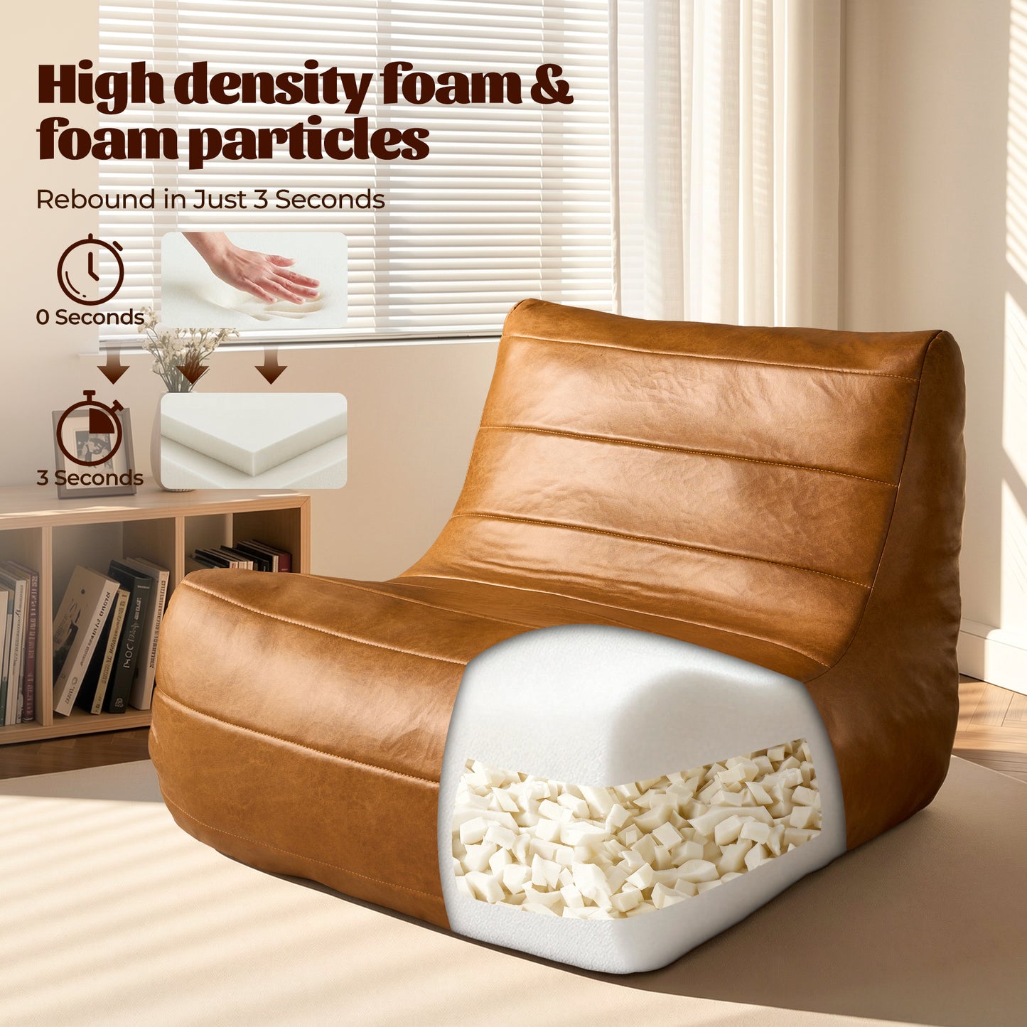 Toject Giant Bean Bag Chair, Faux Leather Memory Foam Floor Sofa for Adults, Ergonomic Back Support, No Assembly Needed, Lightweight Lounger for Living Room Bedroom Dorm Office, Black