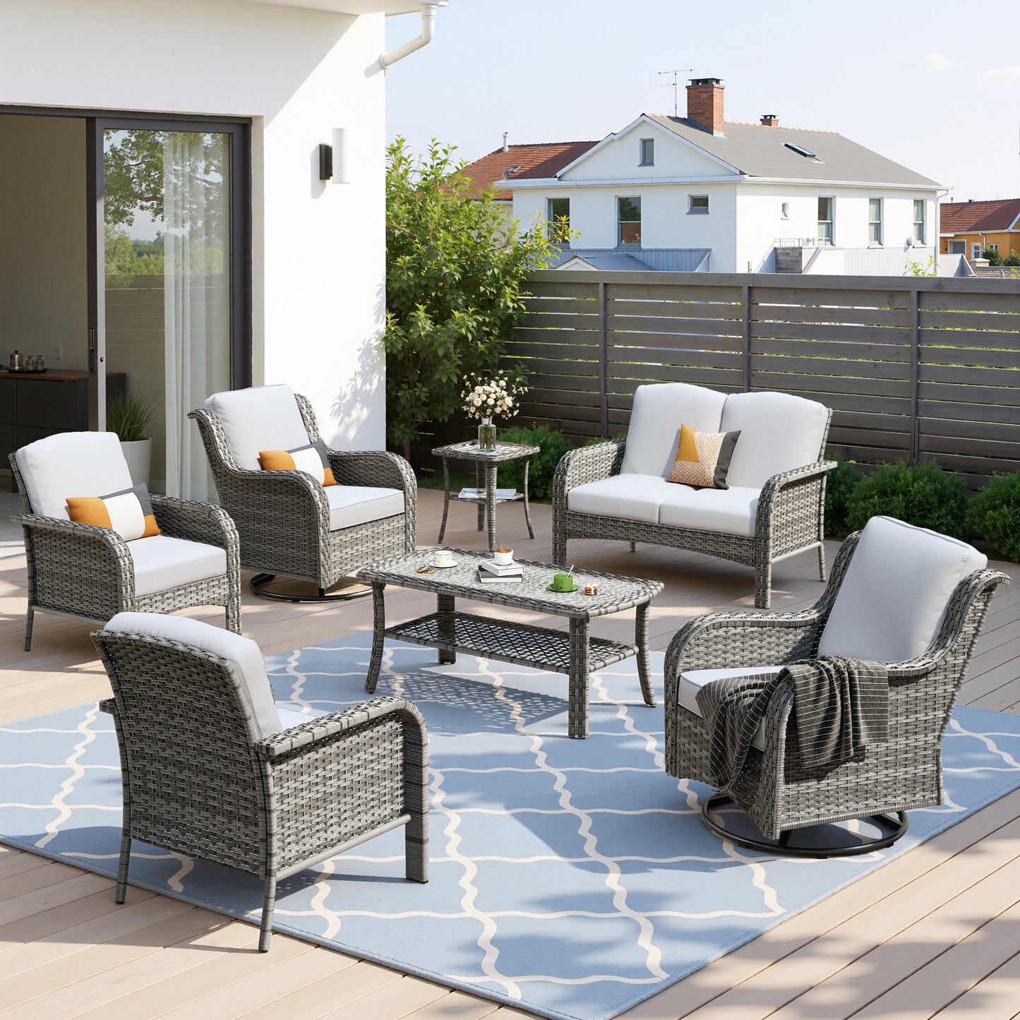 Toject 6 Pieces Patio Furniture Set, Wicker Outside Furniture with Loveseat Table Chairs Set for Porch, All-Weather High Back Outdoor Conversation Set for Backyard, Dark Gray