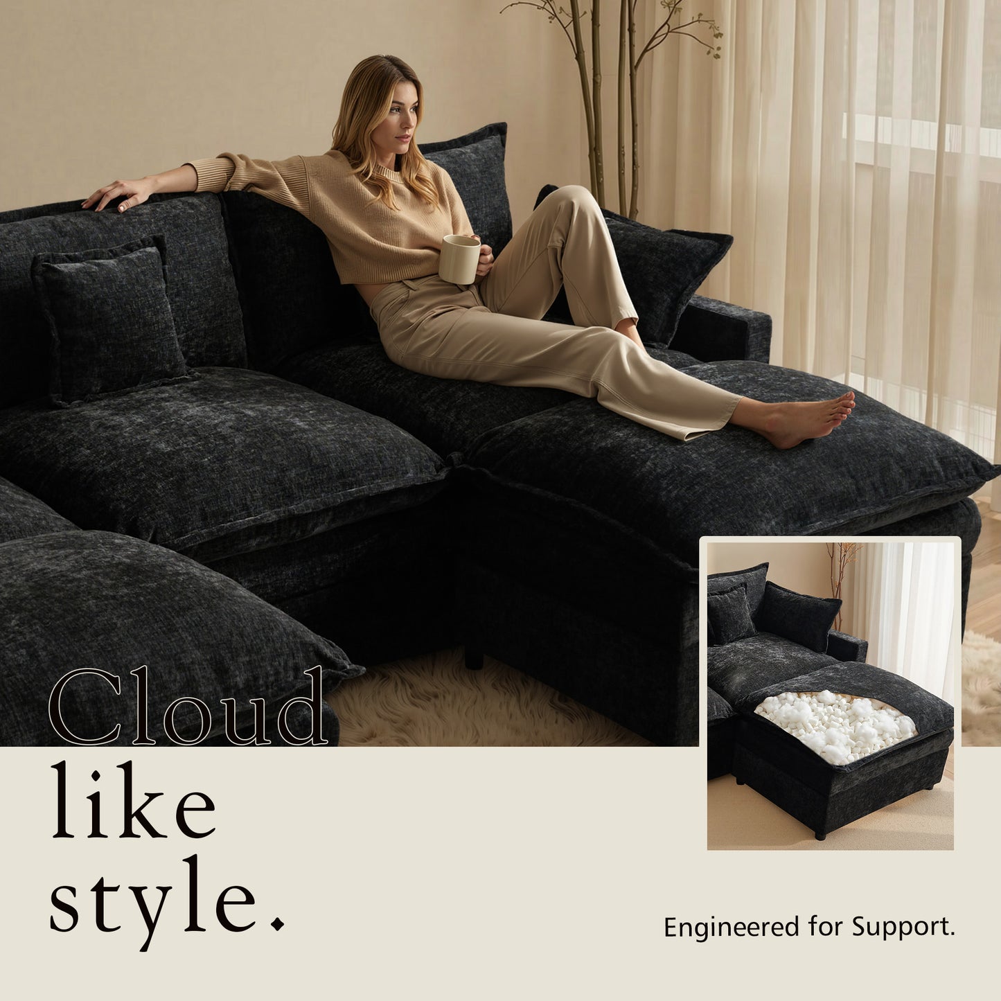 Toject 142" U-Shaped Modular Sectional Sofa, Chenille Cloud Couch with 2 Movable Ottomans, Extra Deep Seat Convertible Couch for Living Room, Apartment Beige