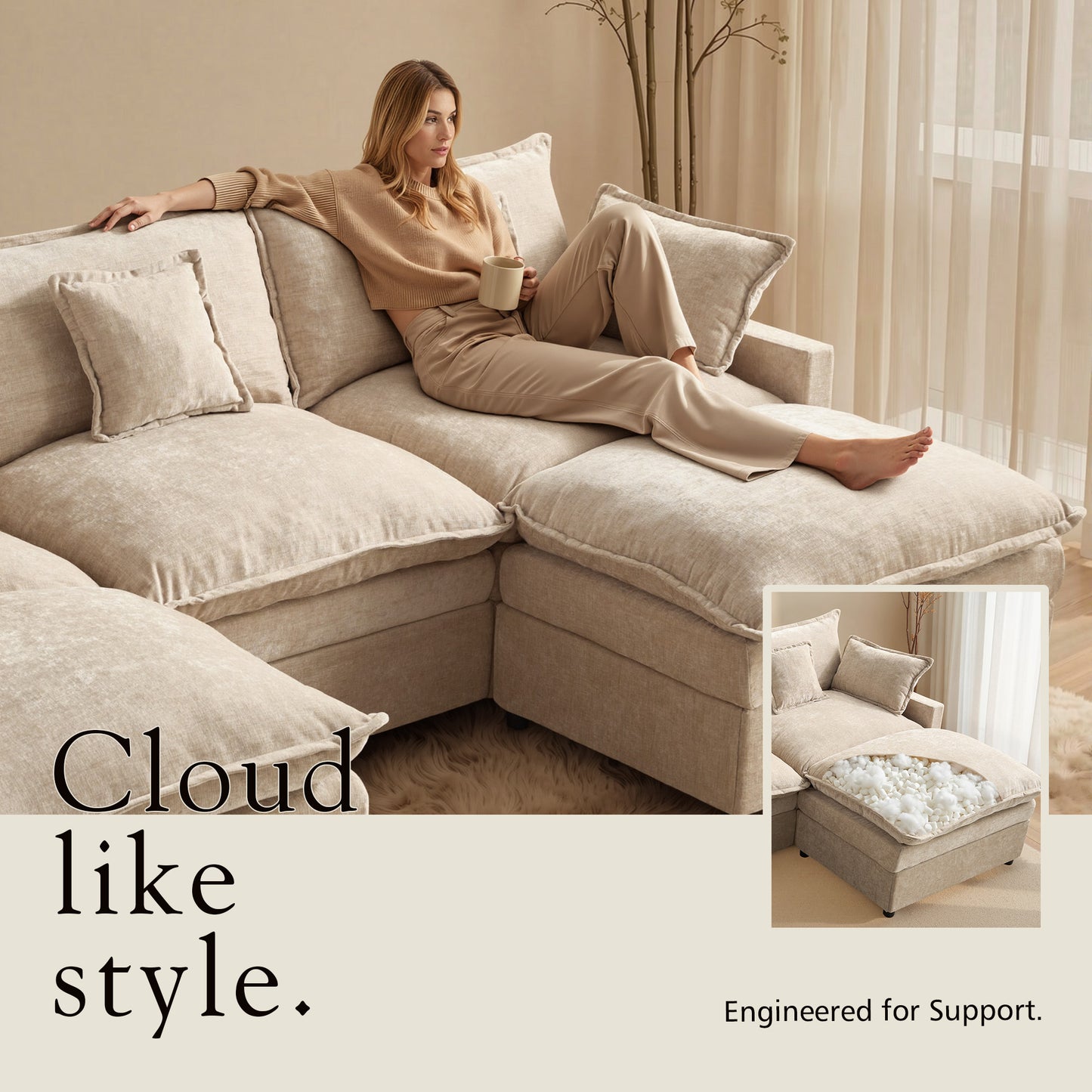 Toject 107.87" Modular Sectional Sofa U Shaped Cloud Couch, Chenille 4 Seat Deep Seat Sofa with 2 Movable Ottomans for Living Room Bedroom Apartment