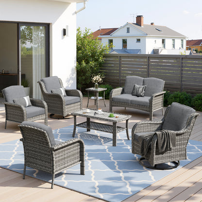 Toject 6 Pieces Patio Furniture Set, Wicker Outside Furniture with Loveseat Table Chairs Set for Porch, All-Weather High Back Outdoor Conversation Set for Backyard, Dark Gray