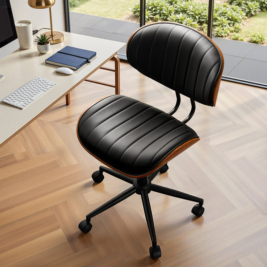 Toject Office Chair, Task Chair with Stripes Wooden Back, Mid-Century Modern Computer Chair, Armless Desk Chair for Home Office, Black