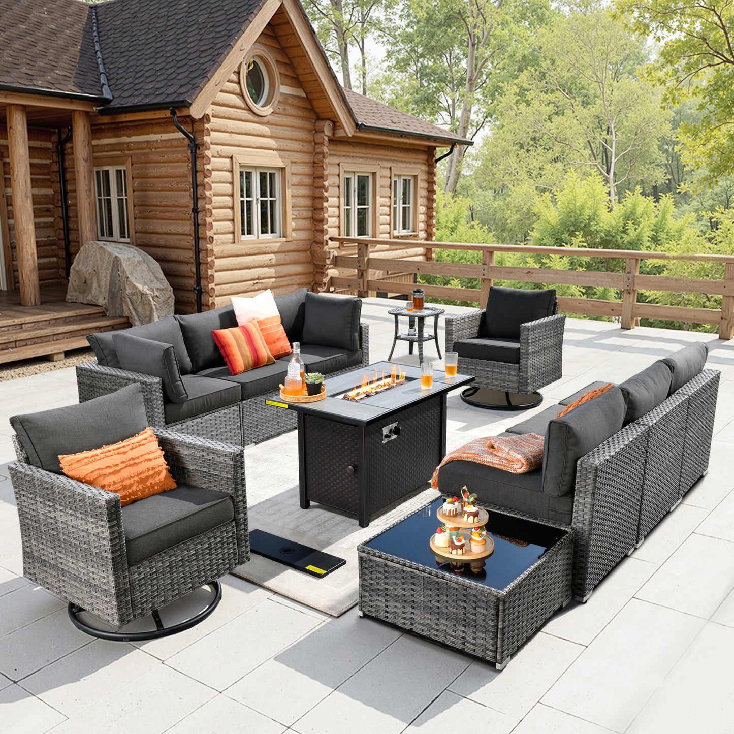 Toject 11 Pcs Paito Furniture Set, Outdoor Furniture Set with Swivel Chairs and Fire Pit