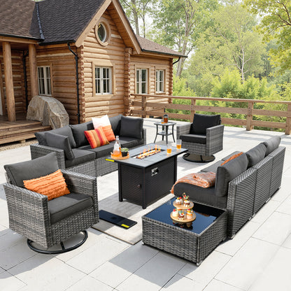 Toject 11 Pcs Paito Furniture Set, Outdoor Furniture Set with Swivel Chairs and Fire Pit