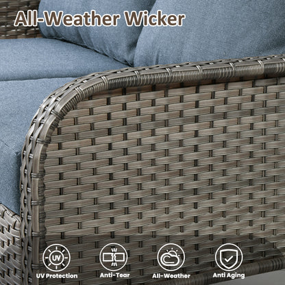 Toject 4 Pieces Patio Furniture Set, All-Weather Wicker Outdoor Furniture Loveseat Table Chairs Set for Porch, High Back Conversation Set for Backyard, Balcony, Denim Blue