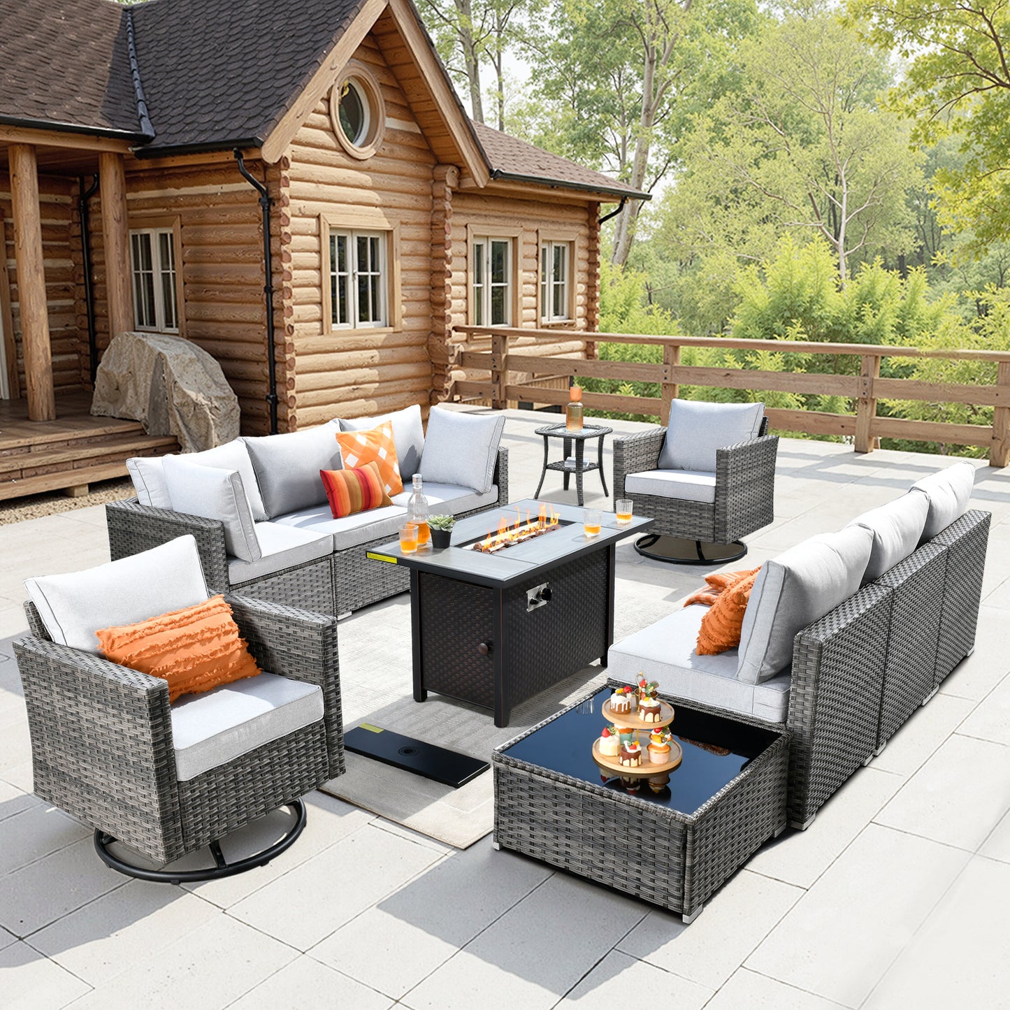 Toject 11 Pcs Paito Furniture Set, Outdoor Furniture Set with Swivel Chairs and Fire Pit