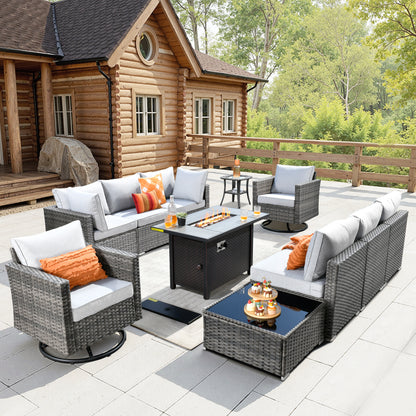 Toject 11 Pcs Paito Furniture Set, Outdoor Furniture Set with Swivel Chairs and Fire Pit