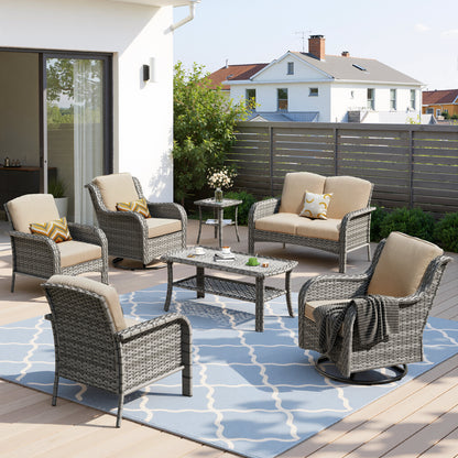 Toject 6 Pieces Patio Furniture Set, Wicker Outside Furniture with Loveseat Table Chairs Set for Porch, All-Weather High Back Outdoor Conversation Set for Backyard, Dark Gray