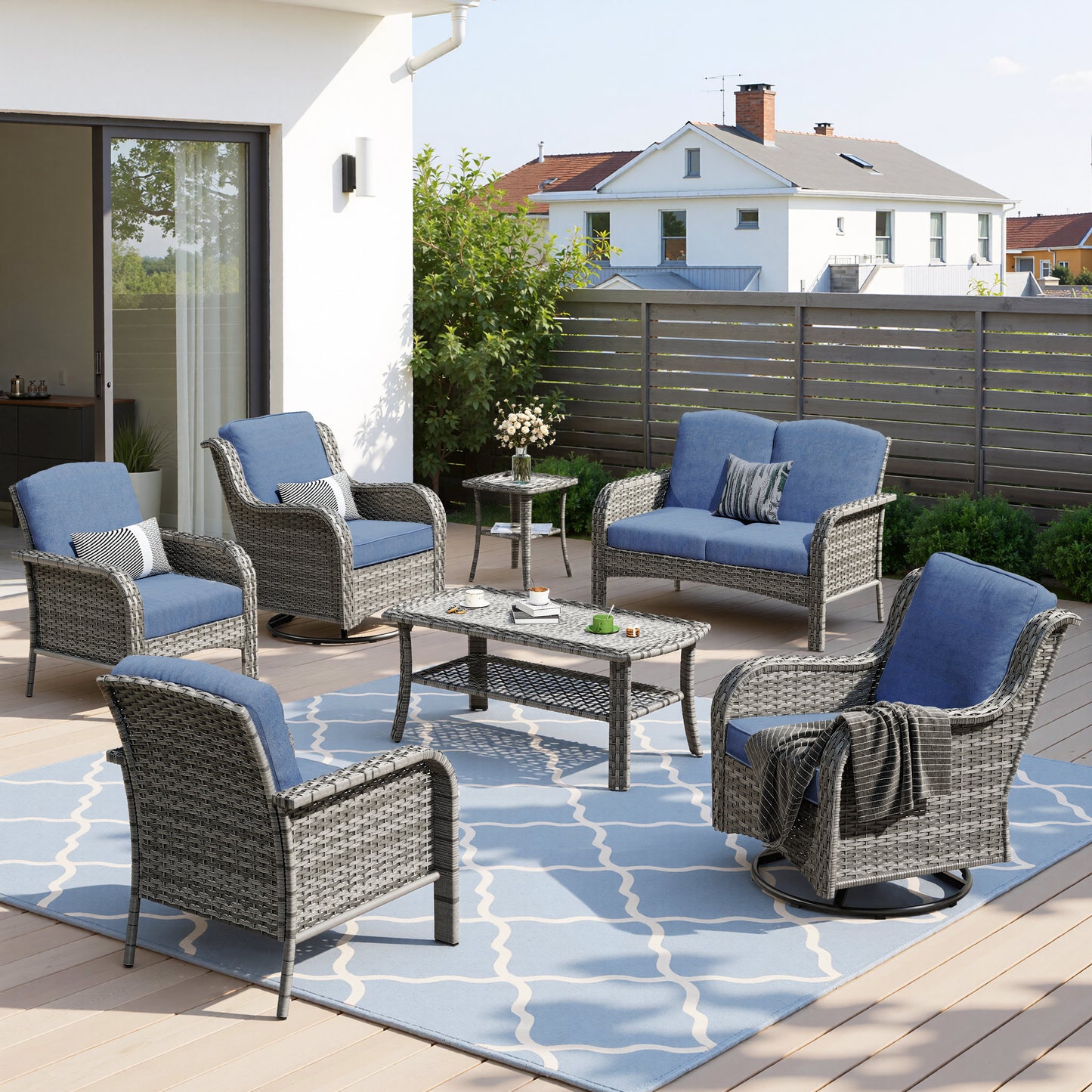 Toject 6 Pieces Patio Furniture Set, Wicker Outside Furniture with Loveseat Table Chairs Set for Porch, All-Weather High Back Outdoor Conversation Set for Backyard, Dark Gray