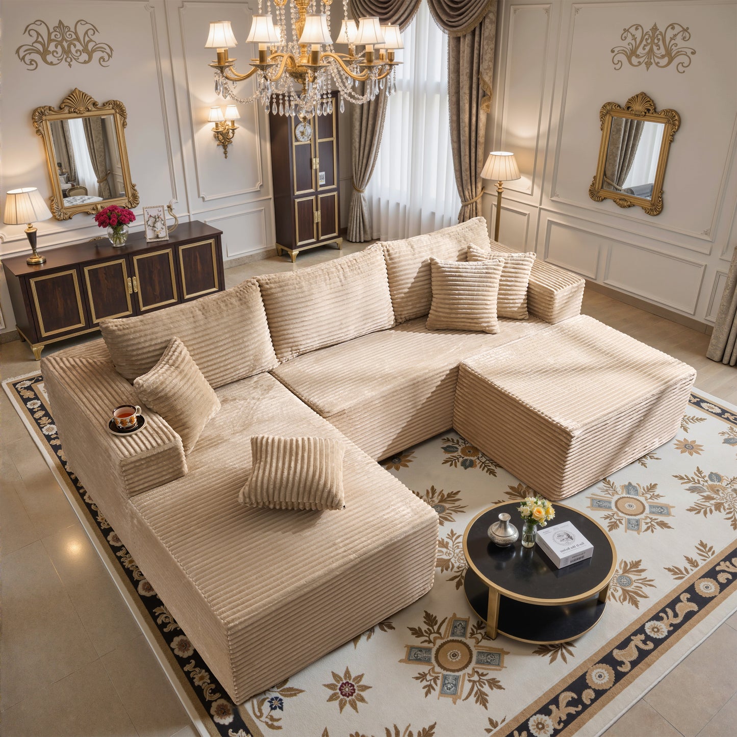 Toject 135" Modular Sectional Sofa, Cloud Modern Sleeper Couch with Chaise Lounge, No Assembly Required, U-shaped Plush Corduroy Sofa Couch for Living Room