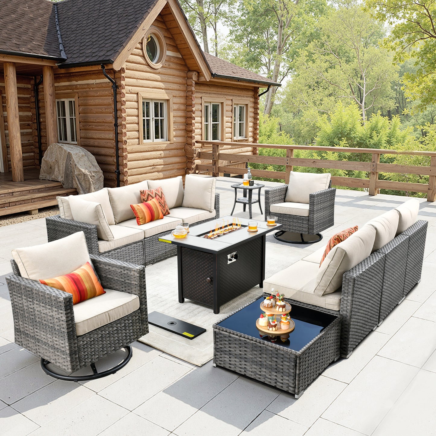 Toject 11 Pcs Paito Furniture Set, Outdoor Furniture Set with Swivel Chairs and Fire Pit