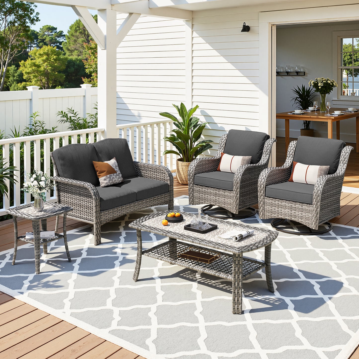 Toject 6 Pieces Patio Furniture Set, Wicker Outside Furniture with Loveseat Table Chairs Set for Porch, All-Weather High Back Outdoor Conversation Set for Backyard, Dark Gray