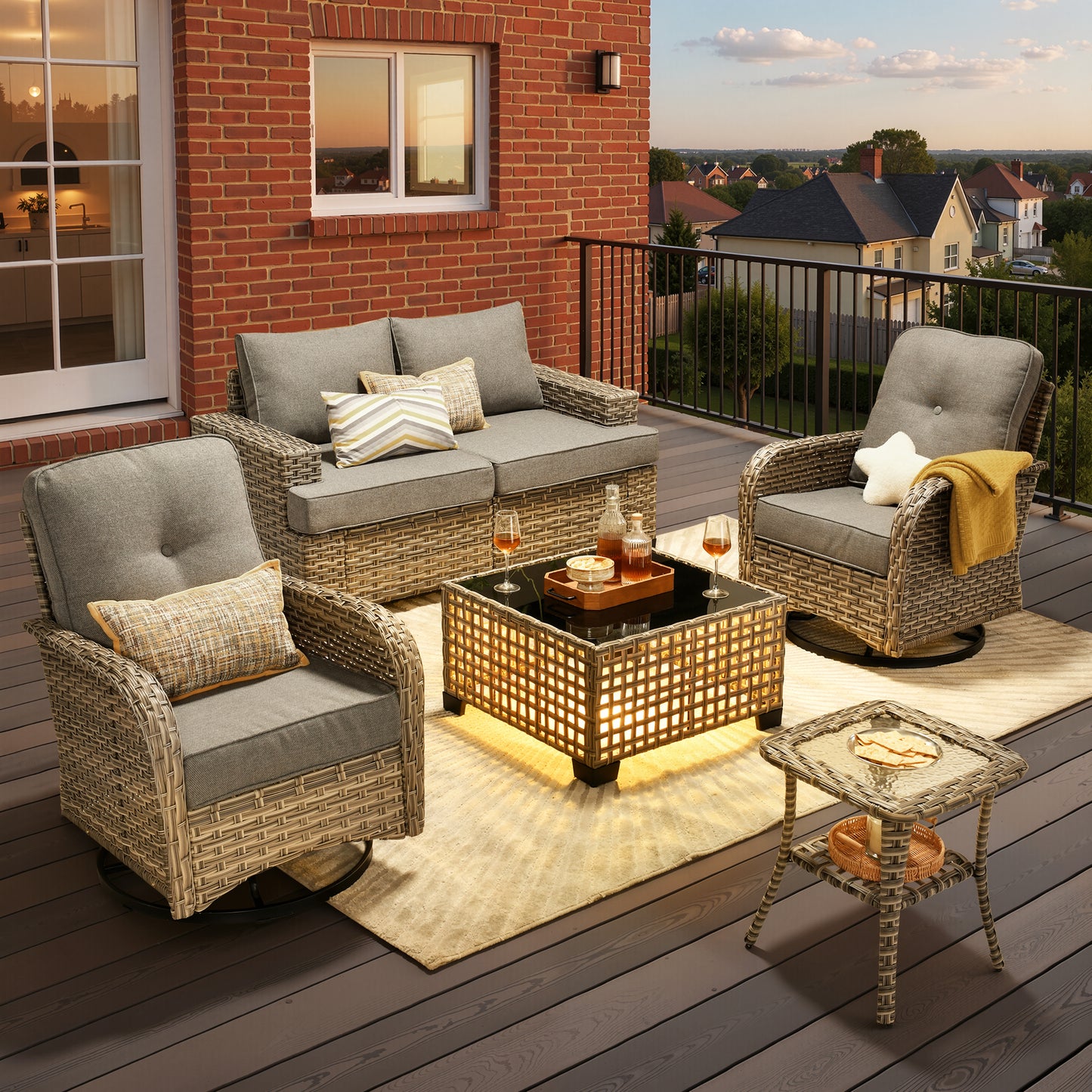 Toject 6 Pieces Patio Furniture Set, All Weather Wicker Patio Conversation Set with Swivel Chairs, Outdoor Furniture for Garden