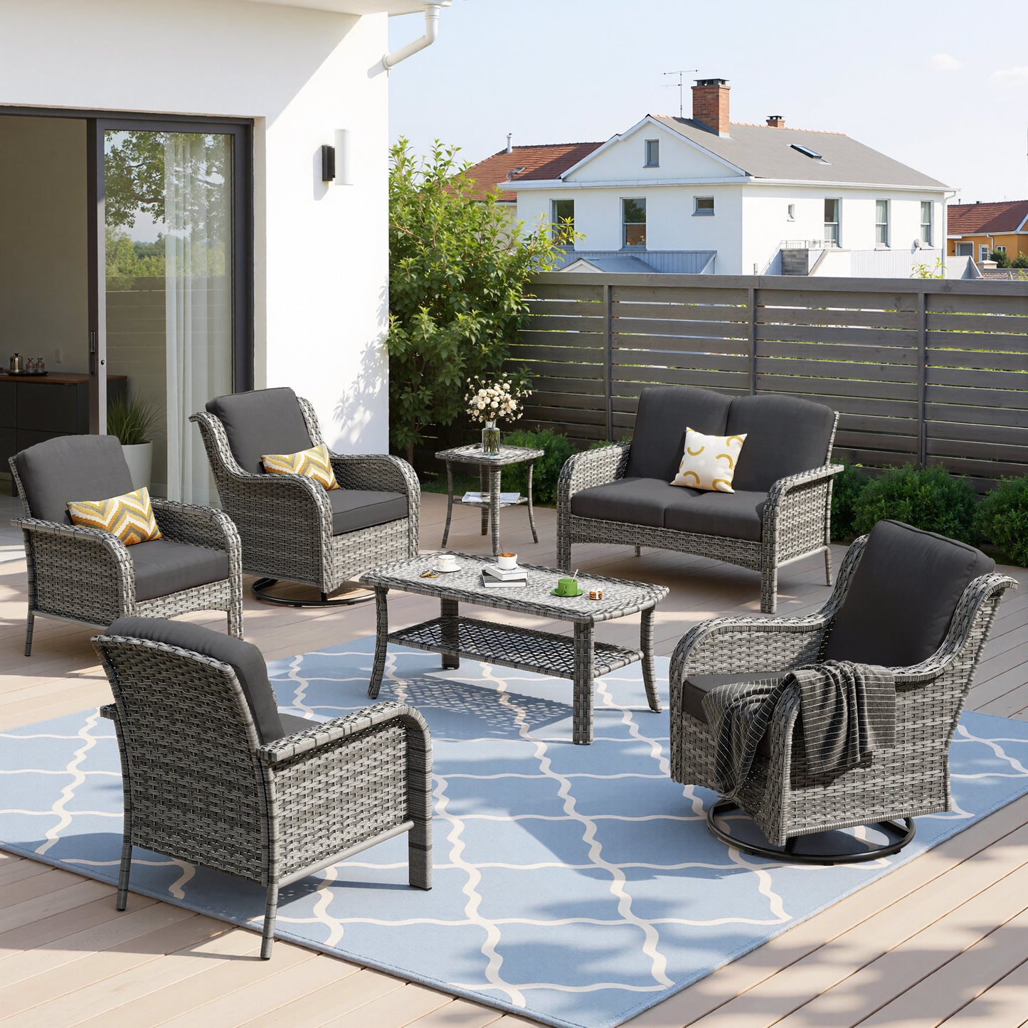 Toject 6 Pieces Patio Furniture Set, Wicker Outside Furniture with Loveseat Table Chairs Set for Porch, All-Weather High Back Outdoor Conversation Set for Backyard, Dark Gray