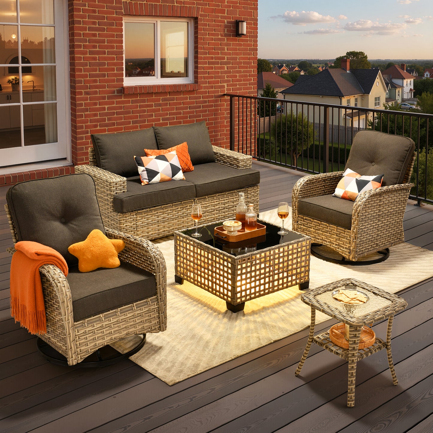 Toject 6 Pieces Patio Furniture Set, All Weather Wicker Patio Conversation Set with Swivel Chairs, Outdoor Furniture for Garden