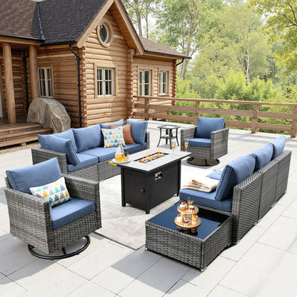 Toject 11 Pcs Paito Furniture Set, Outdoor Furniture Set with Swivel Chairs and Fire Pit