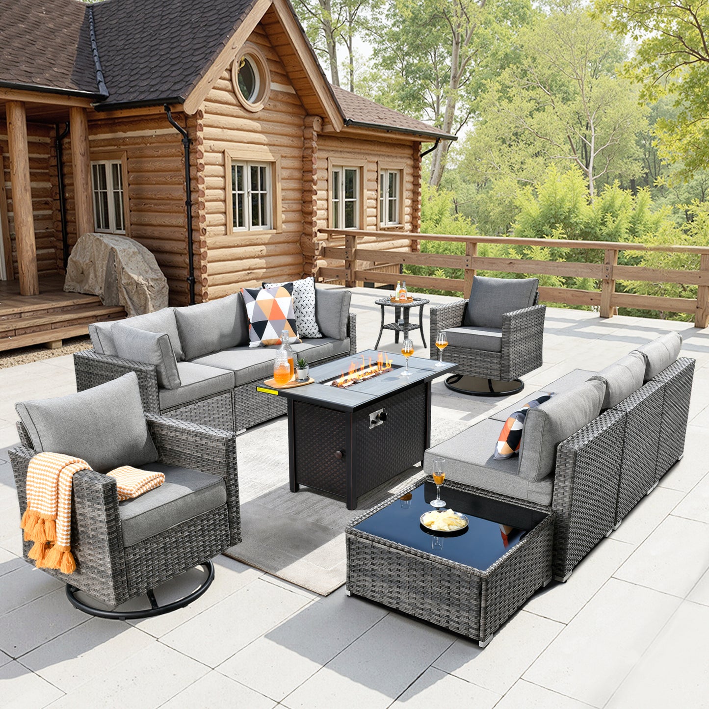 Toject 11 Pcs Paito Furniture Set, Outdoor Furniture Set with Swivel Chairs and Fire Pit