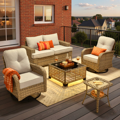 Toject 6 Pieces Patio Furniture Set, All Weather Wicker Patio Conversation Set with Swivel Chairs, Outdoor Furniture for Garden