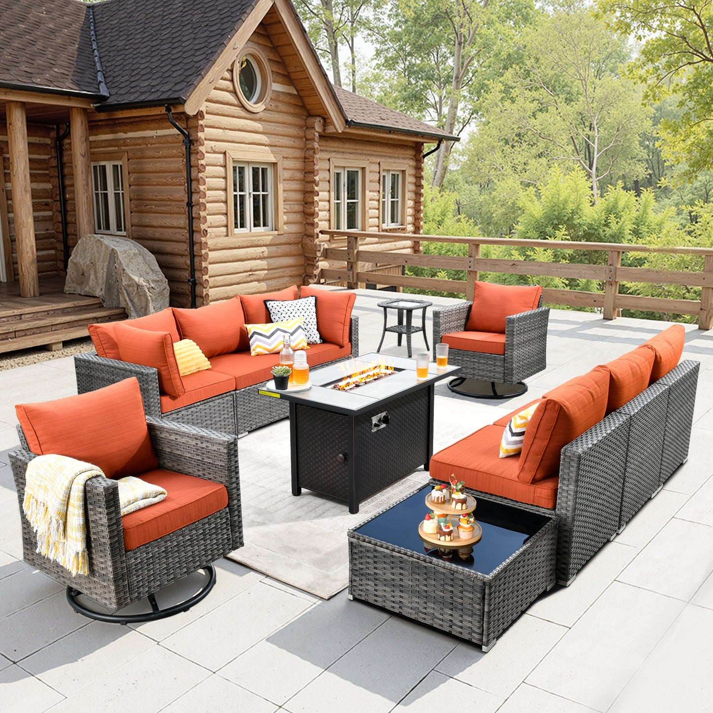 Toject 11 Pcs Paito Furniture Set, Outdoor Furniture Set with Swivel Chairs and Fire Pit