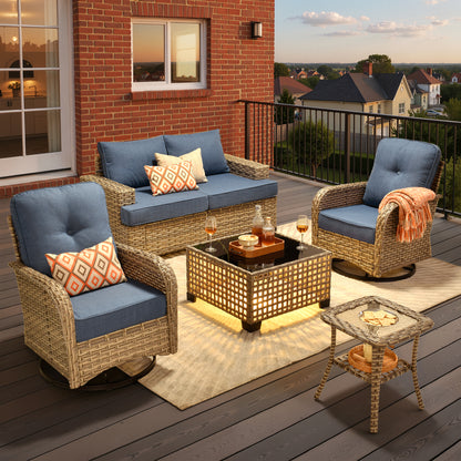 Toject 6 Pieces Patio Furniture Set, All Weather Wicker Patio Conversation Set with Swivel Chairs, Outdoor Furniture for Garden