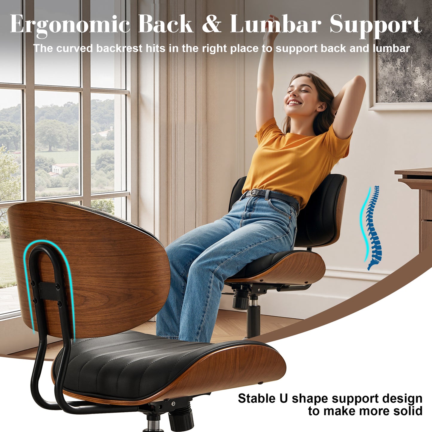 Toject Office Chair, Task Chair with Stripes Wooden Back, Mid-Century Modern Computer Chair, Armless Desk Chair for Home Office, Black