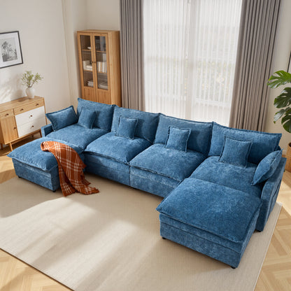Toject 142" U-Shaped Modular Sectional Sofa, Chenille Cloud Couch with 2 Movable Ottomans, Extra Deep Seat Convertible Couch for Living Room, Apartment Beige