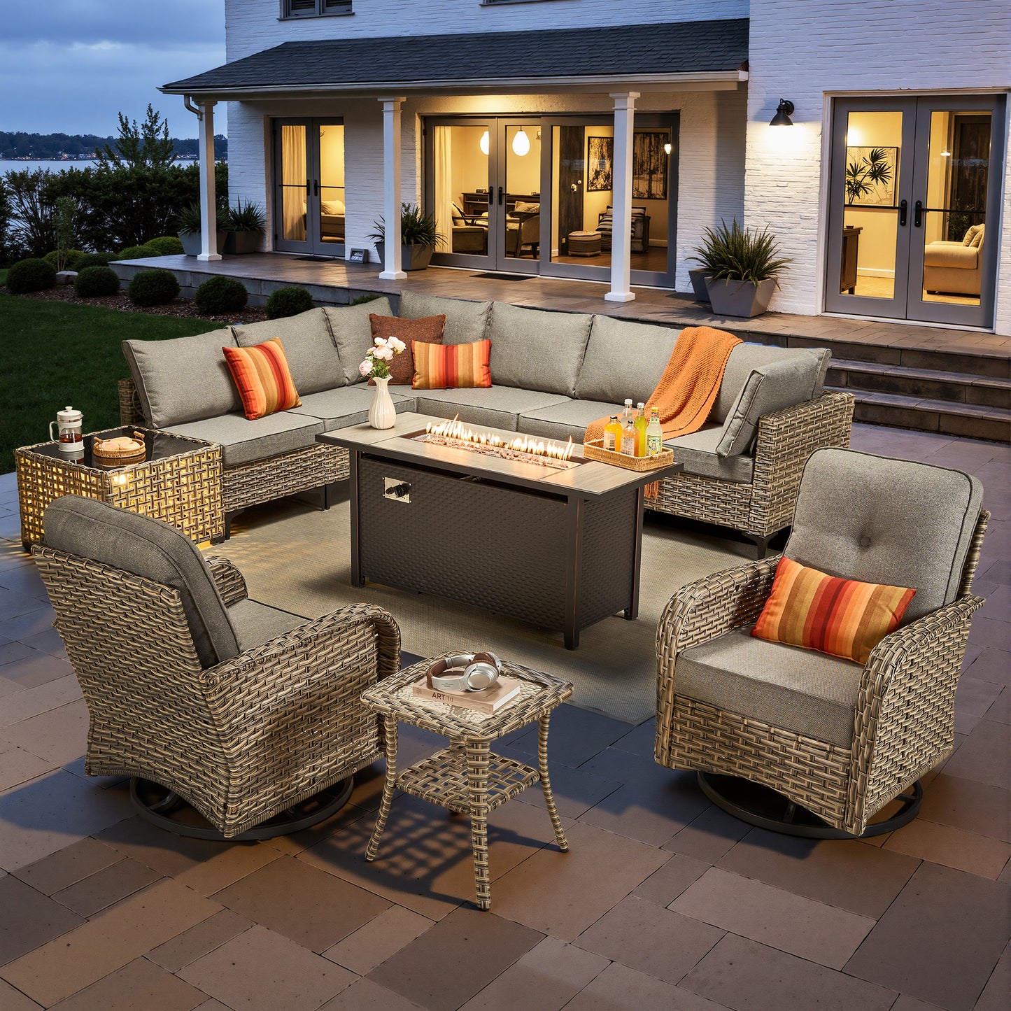 Toject 11 Pieces Patio Furniture Set All Weather Wicker Outdoor Conversation Set with 54" Fire Pit Outside Furniture Patio Sofa with Swivel Chairs & Solar Table