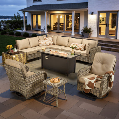 Toject 11 Pieces Patio Furniture Set All Weather Wicker Outdoor Conversation Set with 54" Fire Pit Outside Furniture Patio Sofa with Swivel Chairs & Solar Table