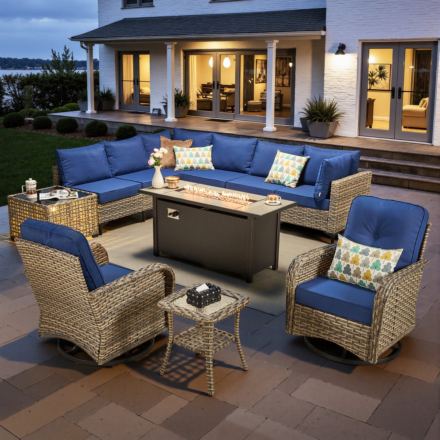 Toject 11 Pieces Patio Furniture Set All Weather Wicker Outdoor Conversation Set with 54" Fire Pit Outside Furniture Patio Sofa with Swivel Chairs & Solar Table